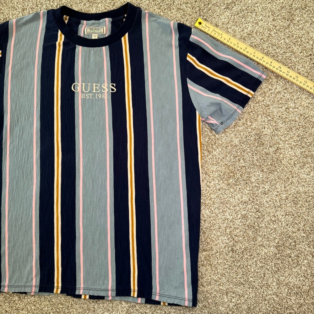 Guess Originals Mens‎ XL Striped T-Shirt Blue Pink Yellow Embroidered Logo Retro - Picture 6 of 14